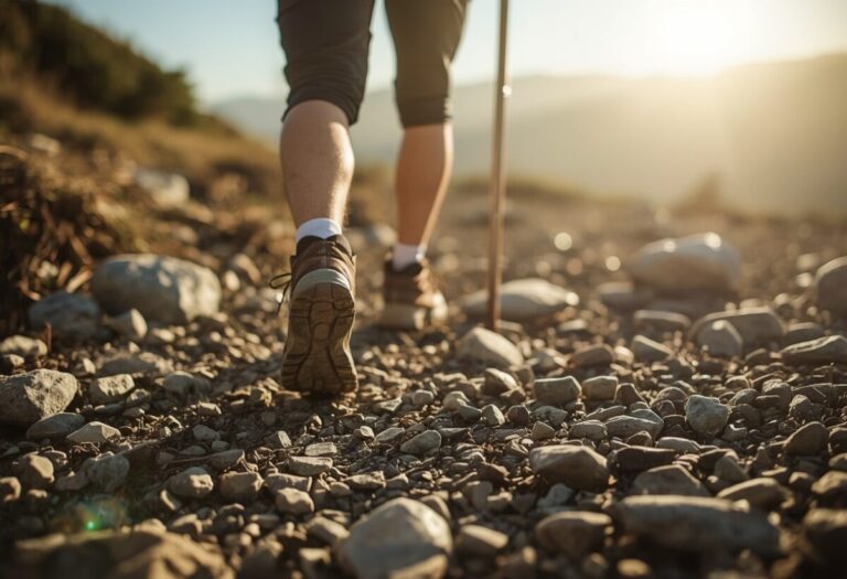 Chevilles et chaussures de randonnée sur un sentier de montagne