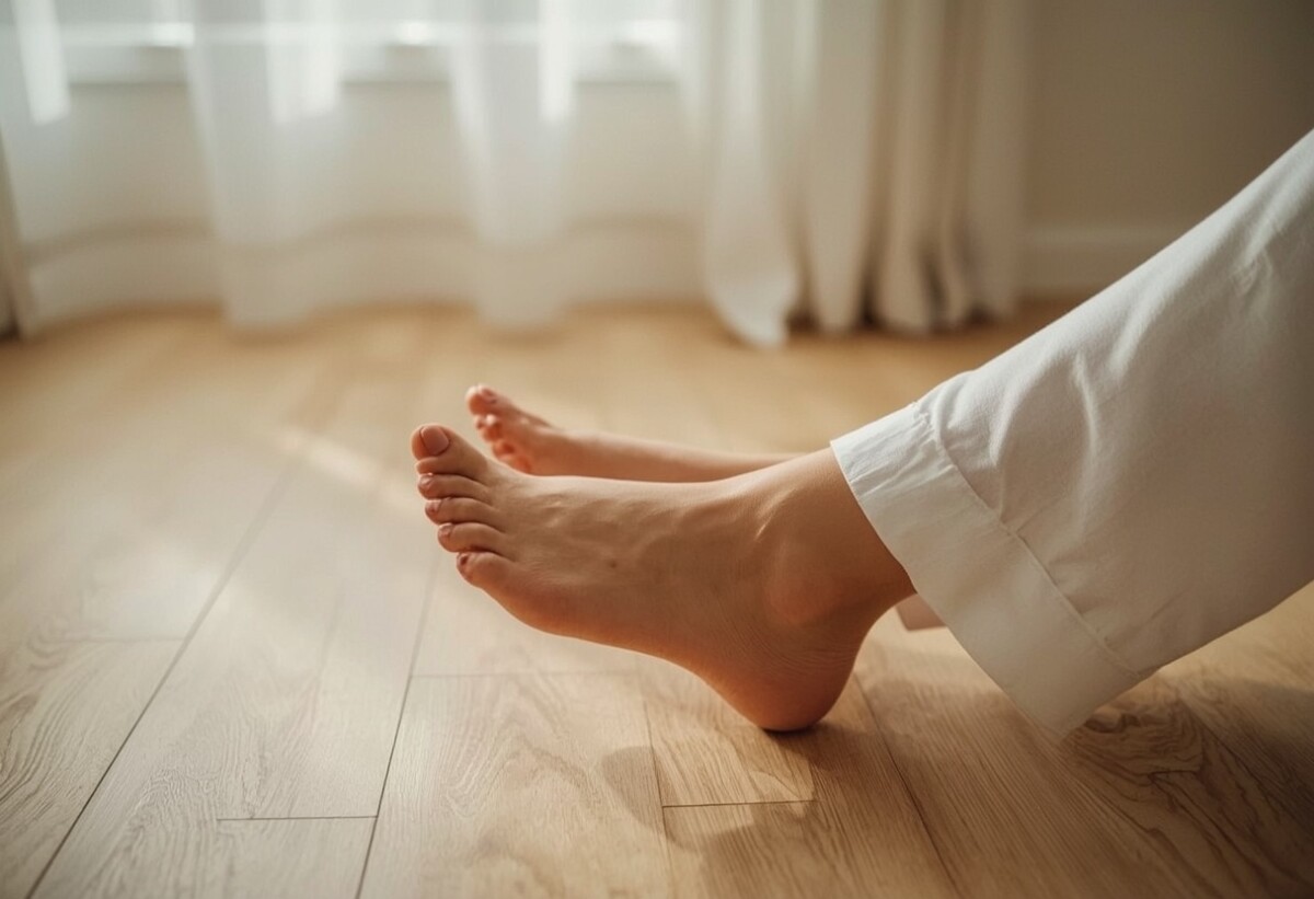 Pieds nus posés sur un parquet clair, illustration de l article sur l hallux valgus