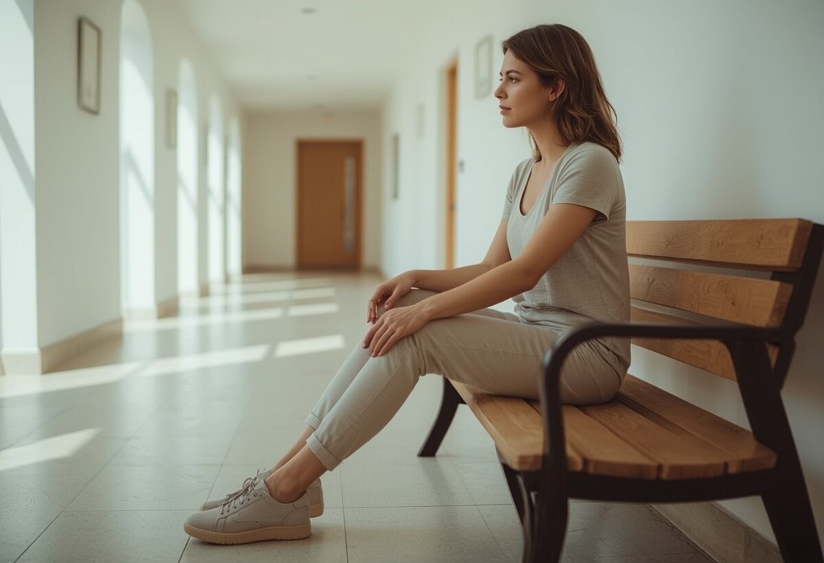 Femme assise sur un banc, une chaussure retirée, pied au repos