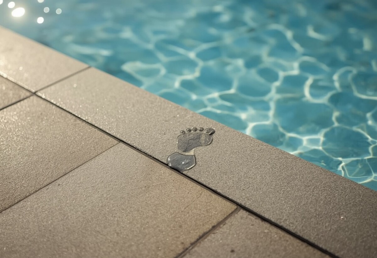 Empreinte de pied mouillée sur le sol au bord d une piscine