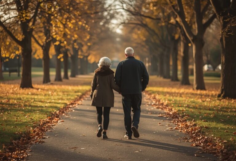 Couple de personnes âgées marchant sur une allée de parc en automne
