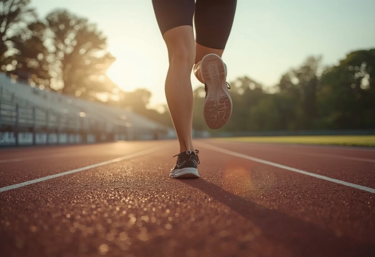 Genou d une coureuse en pleine foulée sur une piste d athlétisme